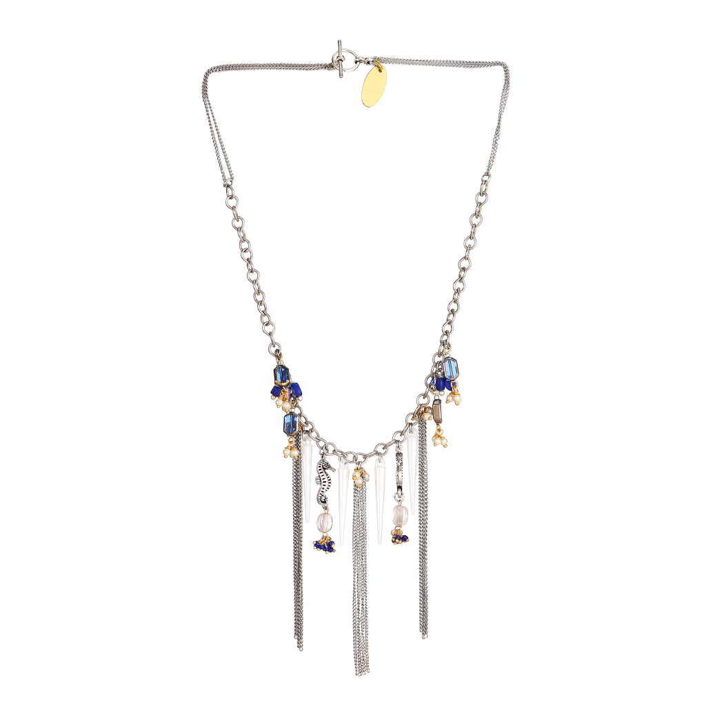 Dhriti  glass Beads with Seahorse Charm and Waterfall Fringe Necklace