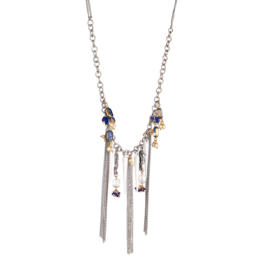 Dhriti  glass Beads with Seahorse Charm and Waterfall Fringe Necklace