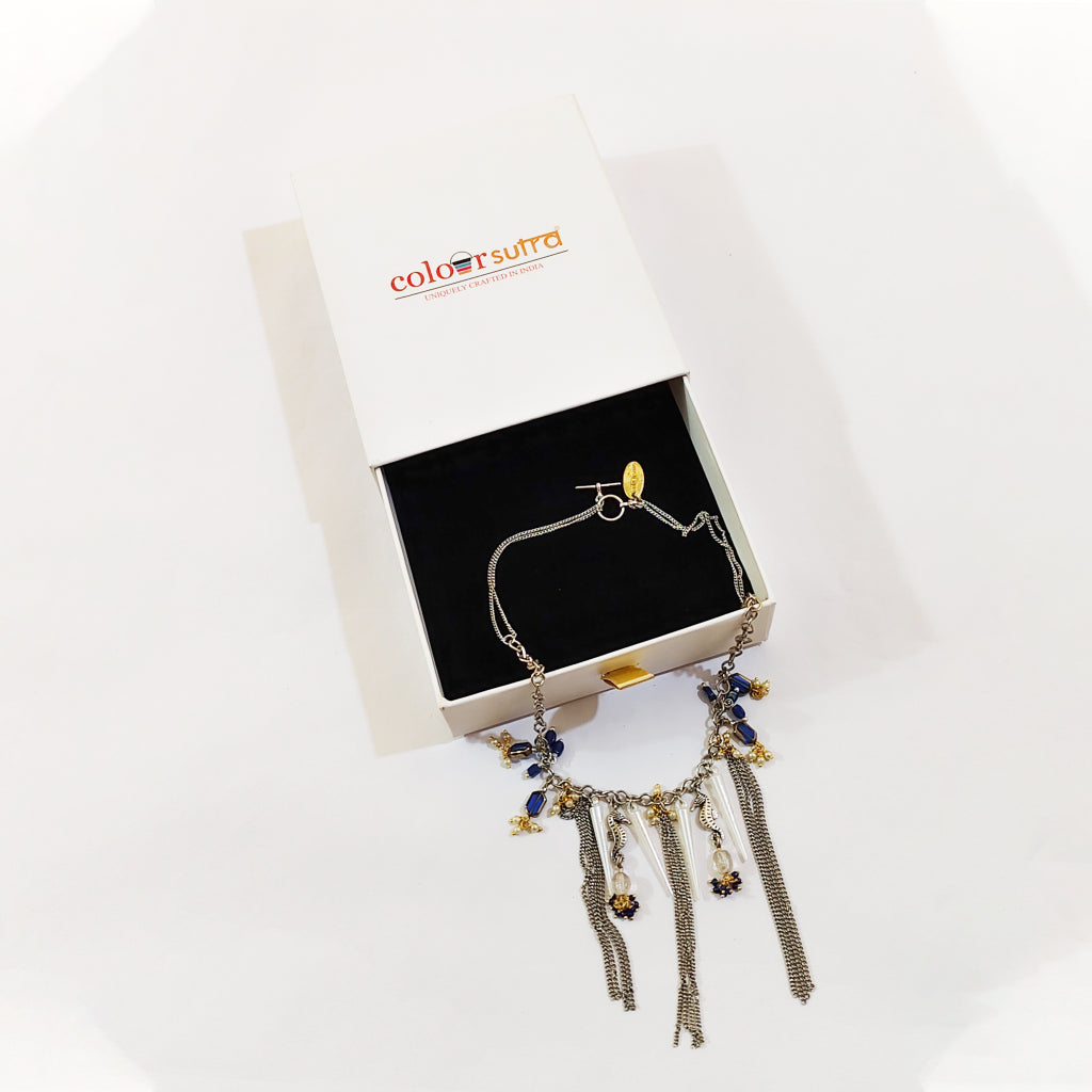 Dhriti  glass Beads with Seahorse Charm and Waterfall Fringe Necklace