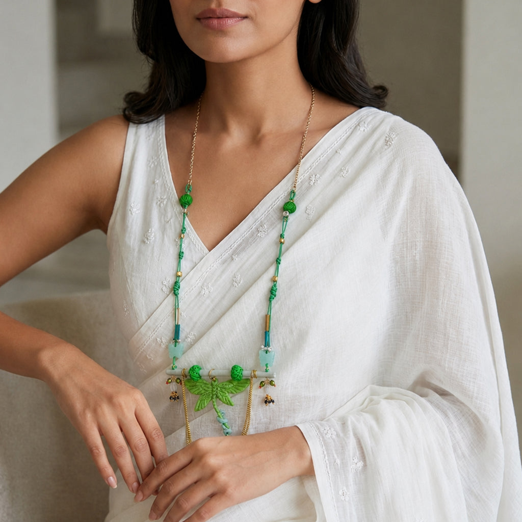 Icon Sculptural Green Dragonfly & Branch Pendant necklace