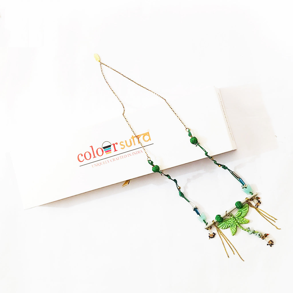 Icon Sculptural Green Dragonfly & Branch Pendant necklace