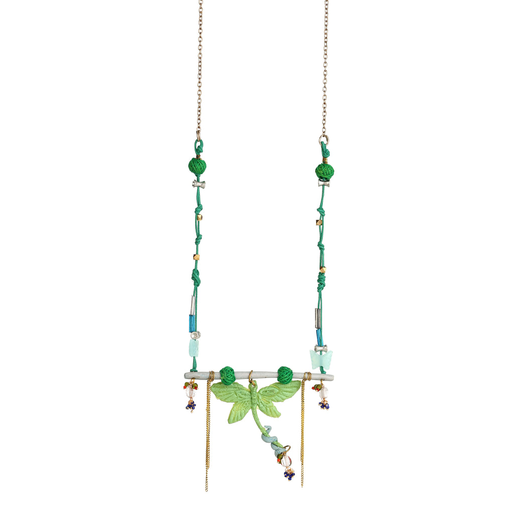Icon Sculptural Green Dragonfly & Branch Pendant necklace