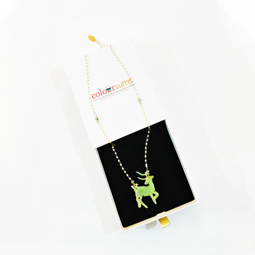 Crest Sculptural lime green Resin Deer Pendant necklace