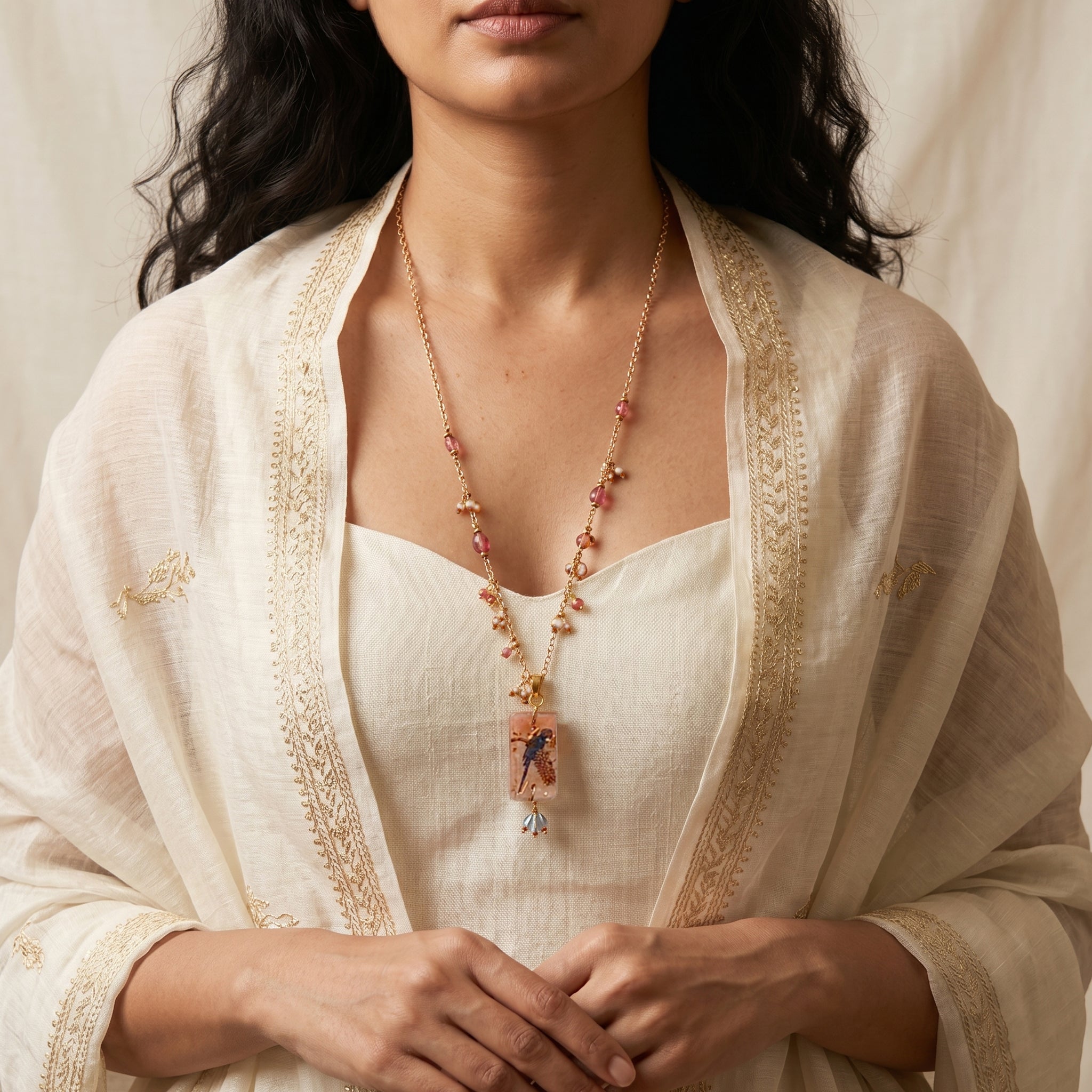 Pink Raspberry Beaded Statement Necklace | Artisanal Romantic Nature-Inspired Accessory