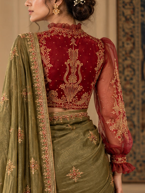Blossom- Maroon High-Neck mashru silk & Organza High-Neck Embroidered Saree Blouse