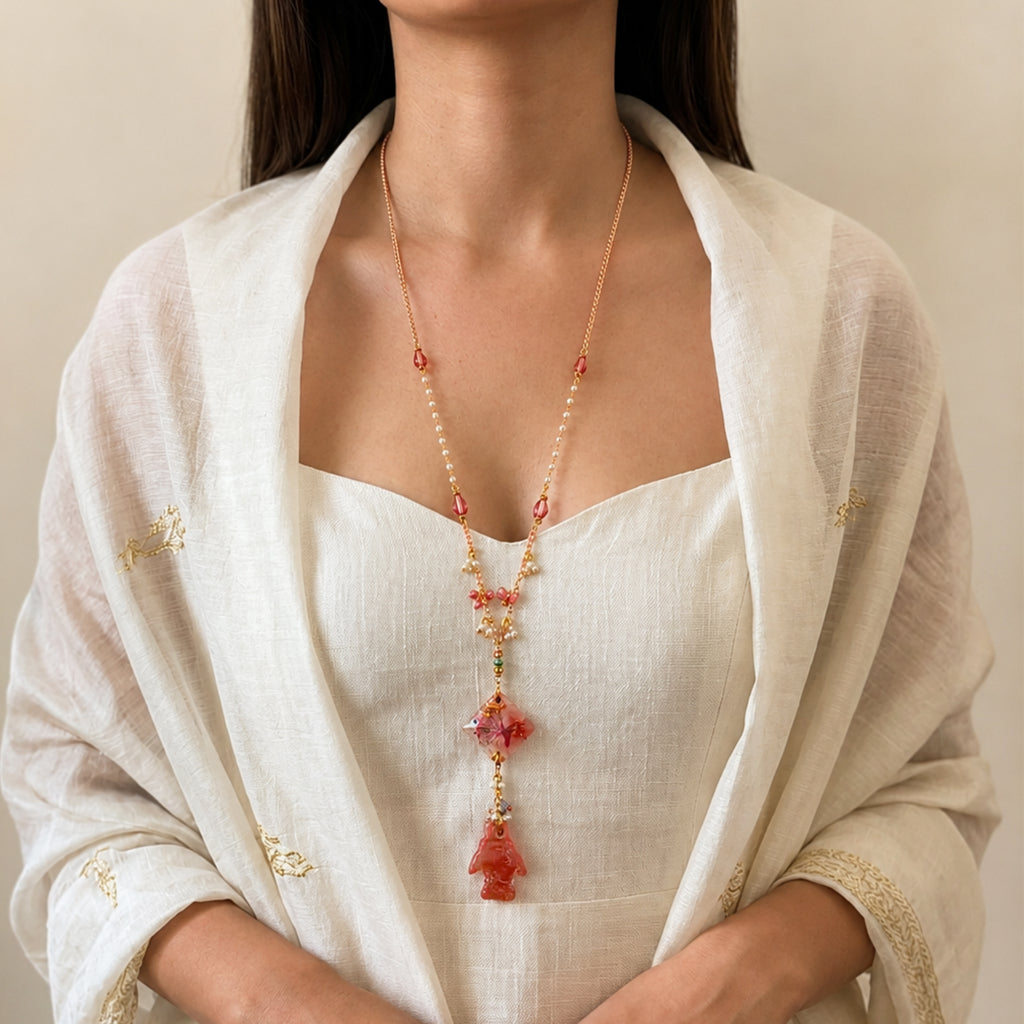 Scale Botanical Resin Diamond Pendant & Handcrafted Resin Fish Charm necklace