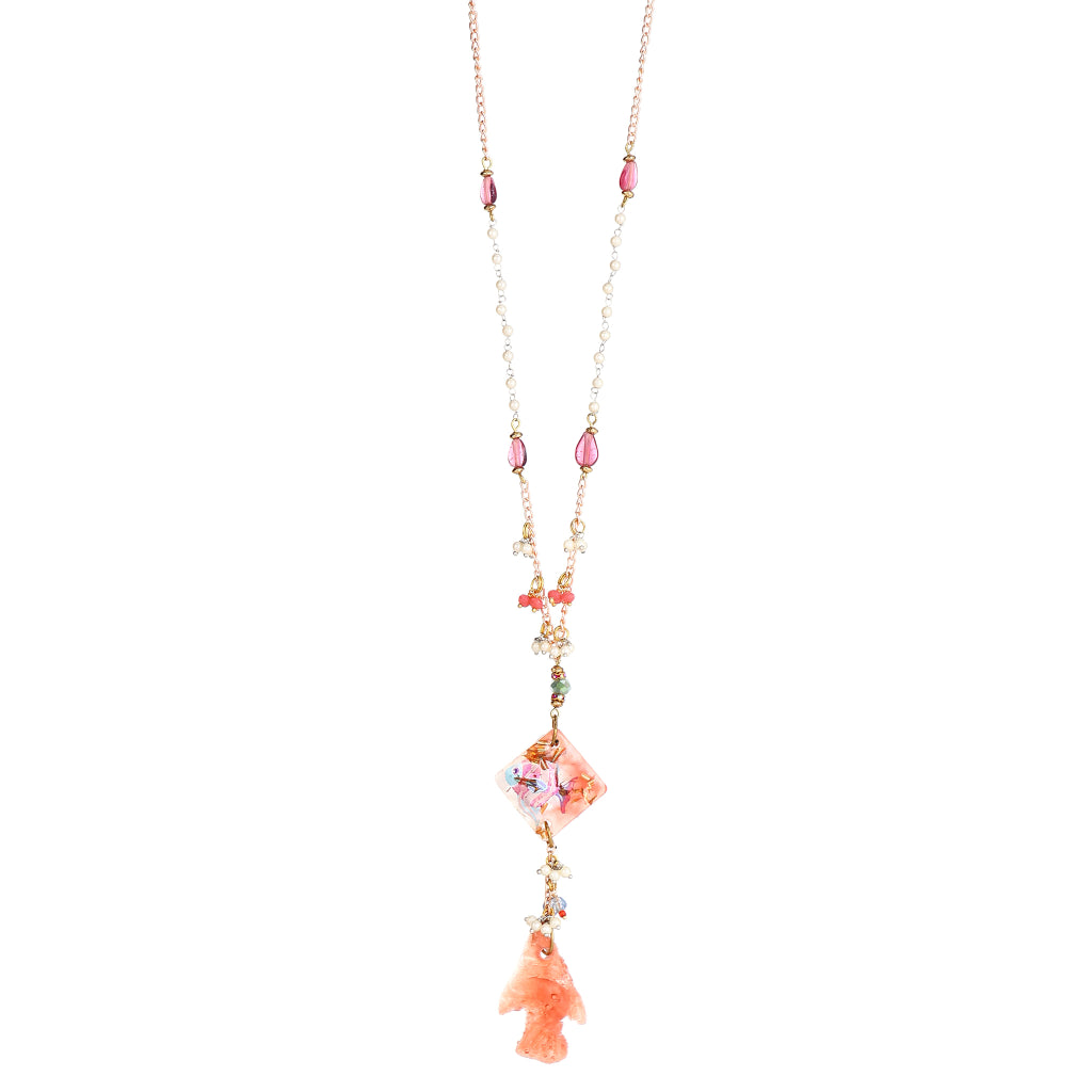 Scale Botanical Resin Diamond Pendant & Handcrafted Resin Fish Charm necklace