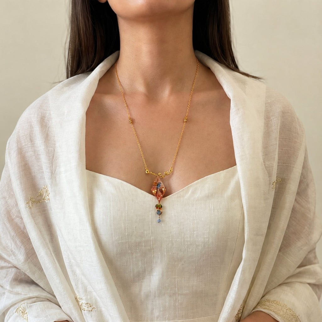 Bulbul Botanical Resin Diamond style Pendant & Bird Charm necklace