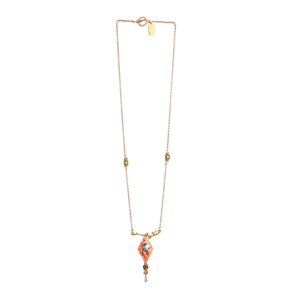 Bulbul Botanical Resin Diamond style Pendant & Bird Charm necklace