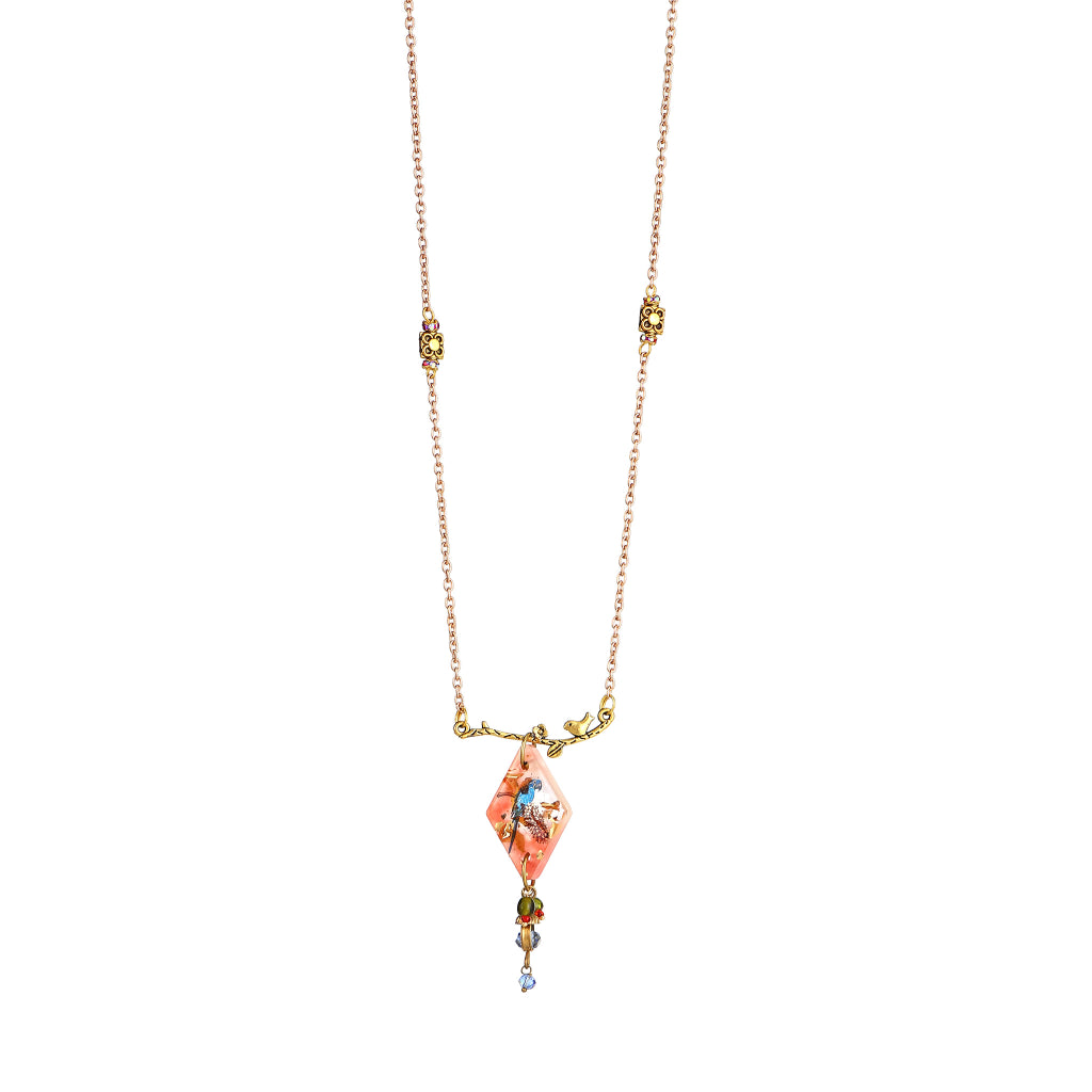Bulbul Botanical Resin Diamond style Pendant & Bird Charm necklace