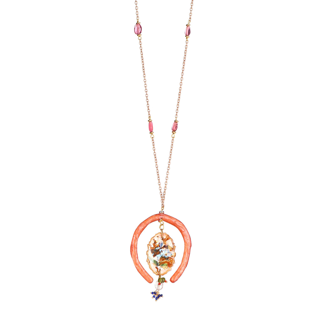 Albeli Botanical Resin Medallion in Coral Horseshoe Pendant necklace