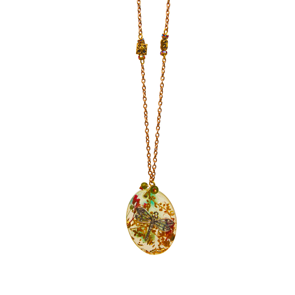 Tuntuni Botanical Resin Oval Pendant & Dragonfly Charm necklace