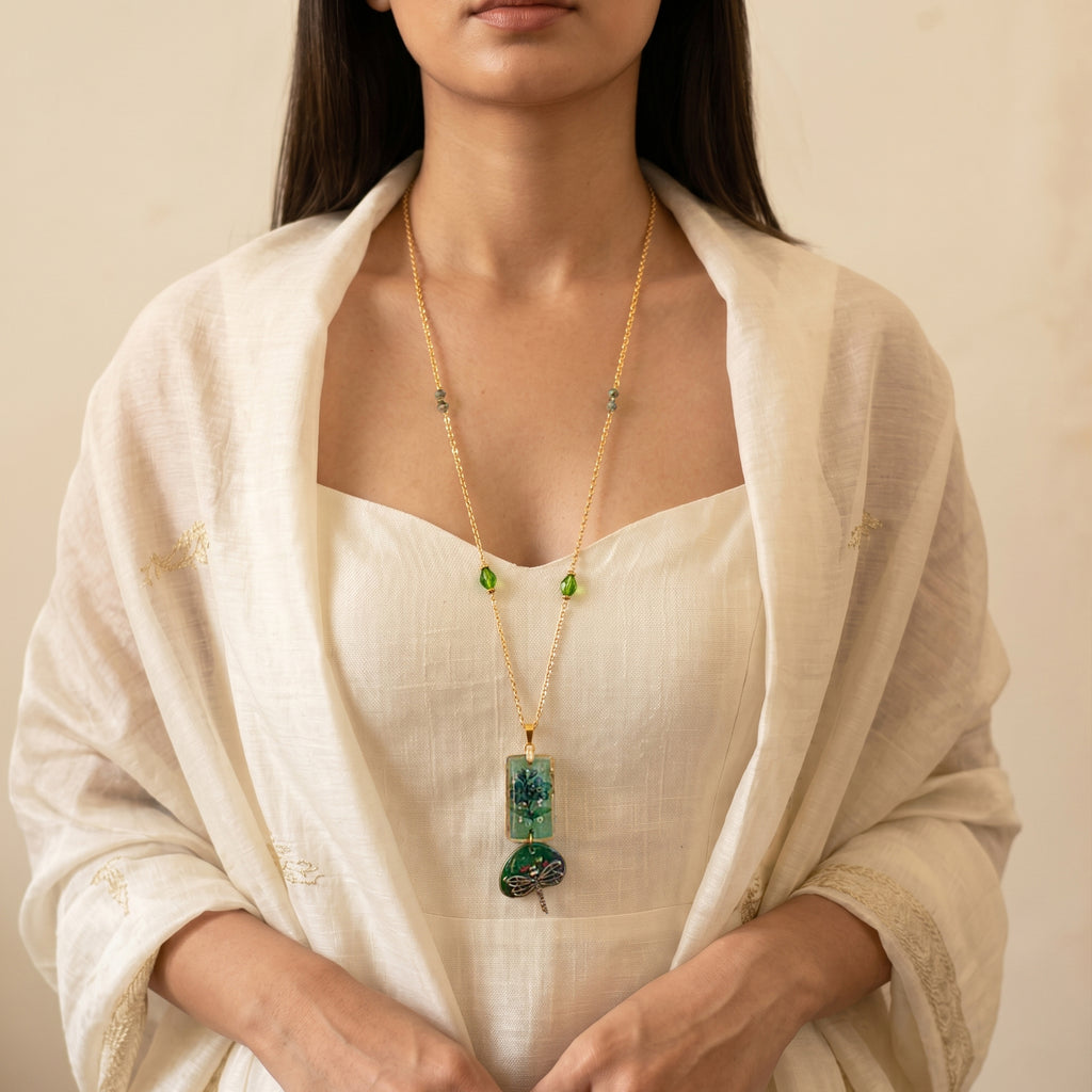 Botanical Resin Rectangle Pendant & Dragonfly Charm | Emerald Green Beaded Statement Jewelry | Artisanal Nature-Inspired Romantic Accessory