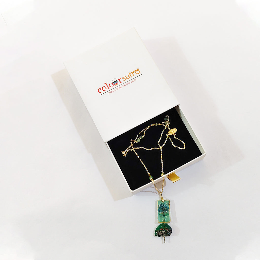 Botanical Resin Rectangle Pendant & Dragonfly Charm | Emerald Green Beaded Statement Jewelry | Artisanal Nature-Inspired Romantic Accessory