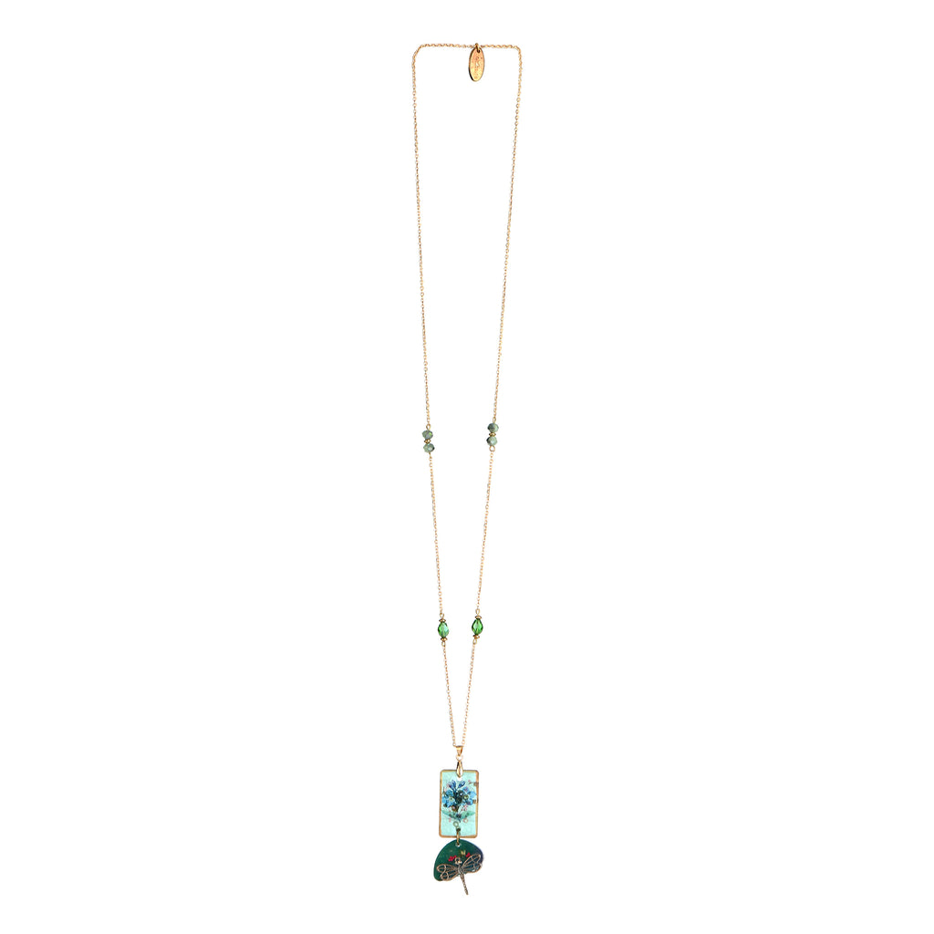 Botanical Resin Rectangle Pendant & Dragonfly Charm | Emerald Green Beaded Statement Jewelry | Artisanal Nature-Inspired Romantic Accessory