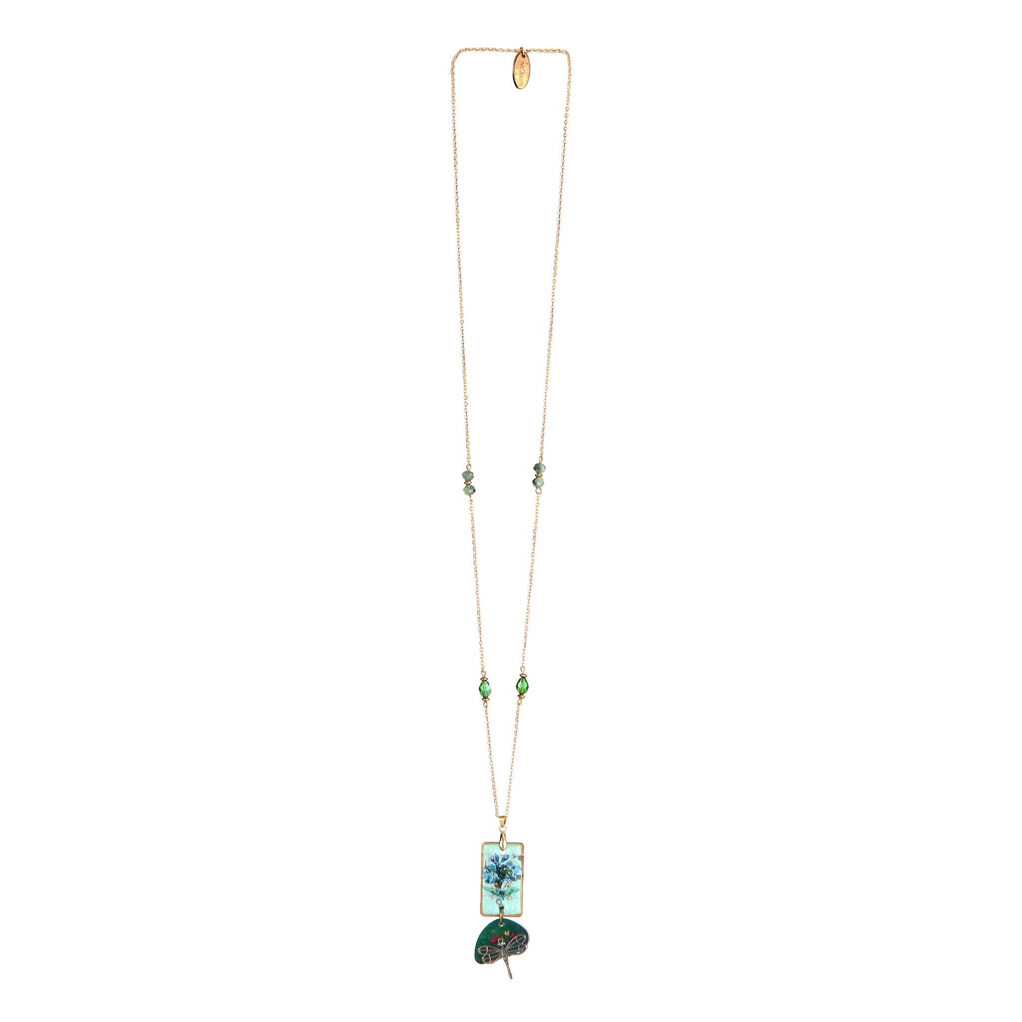 Botanical Resin Rectangle Pendant & Dragonfly Charm | Emerald Green Beaded Statement Jewelry | Artisanal Nature-Inspired Romantic Accessory