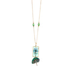 Botanical Resin Rectangle Pendant & Dragonfly Charm | Emerald Green Beaded Statement Jewelry | Artisanal Nature-Inspired Romantic Accessory