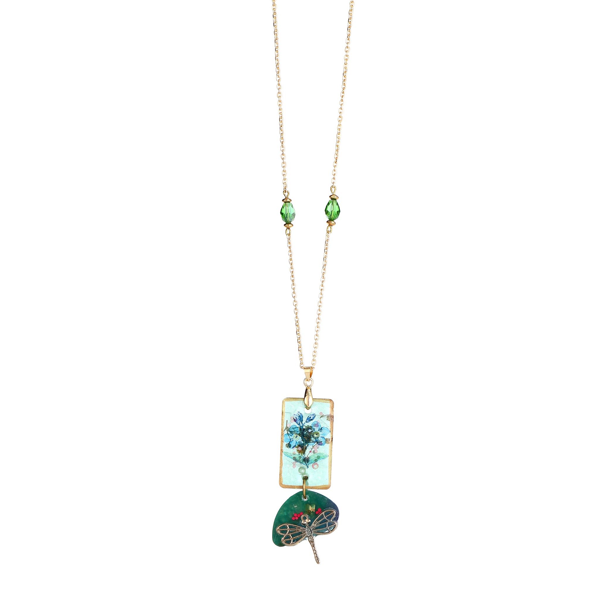 Botanical Resin Rectangle Pendant & Dragonfly Charm | Emerald Green Beaded Statement Jewelry | Artisanal Nature-Inspired Romantic Accessory