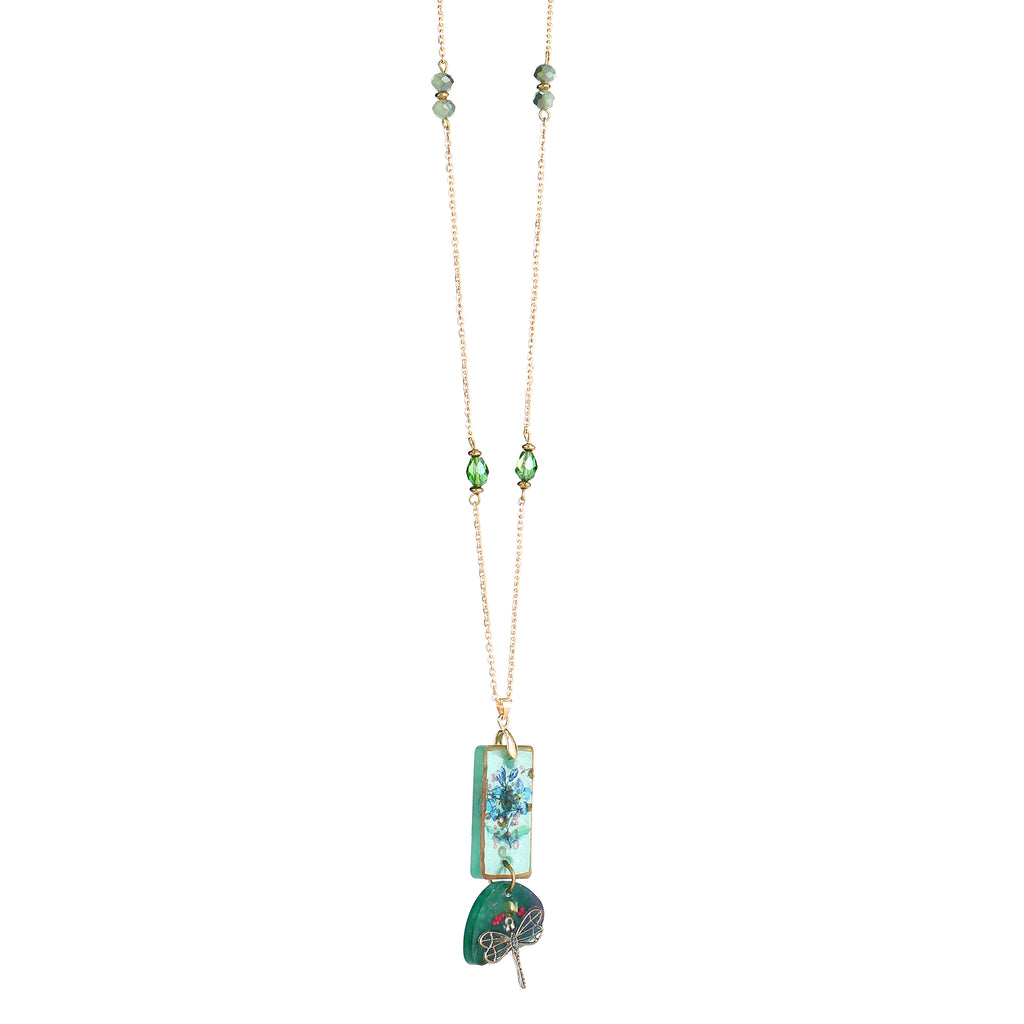 Botanical Resin Rectangle Pendant & Dragonfly Charm | Emerald Green Beaded Statement Jewelry | Artisanal Nature-Inspired Romantic Accessory