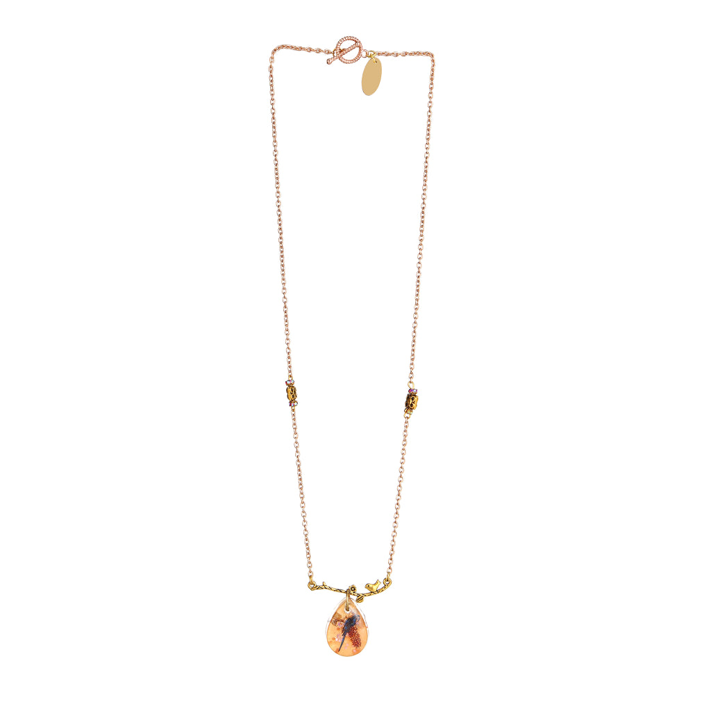 Moonbird Botanical Resin Teardrop & Bird on Branch pendant necklace