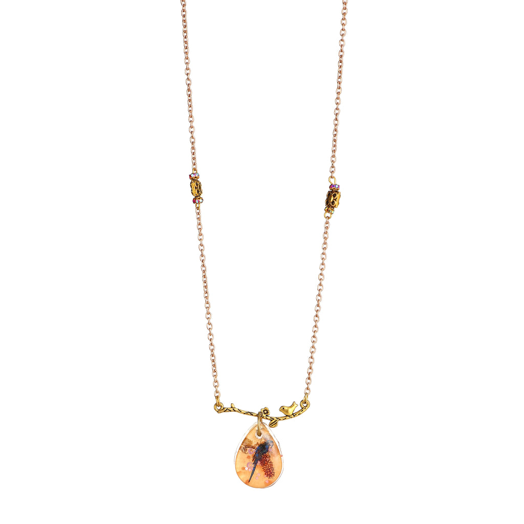 Moonbird Botanical Resin Teardrop & Bird on Branch pendant necklace