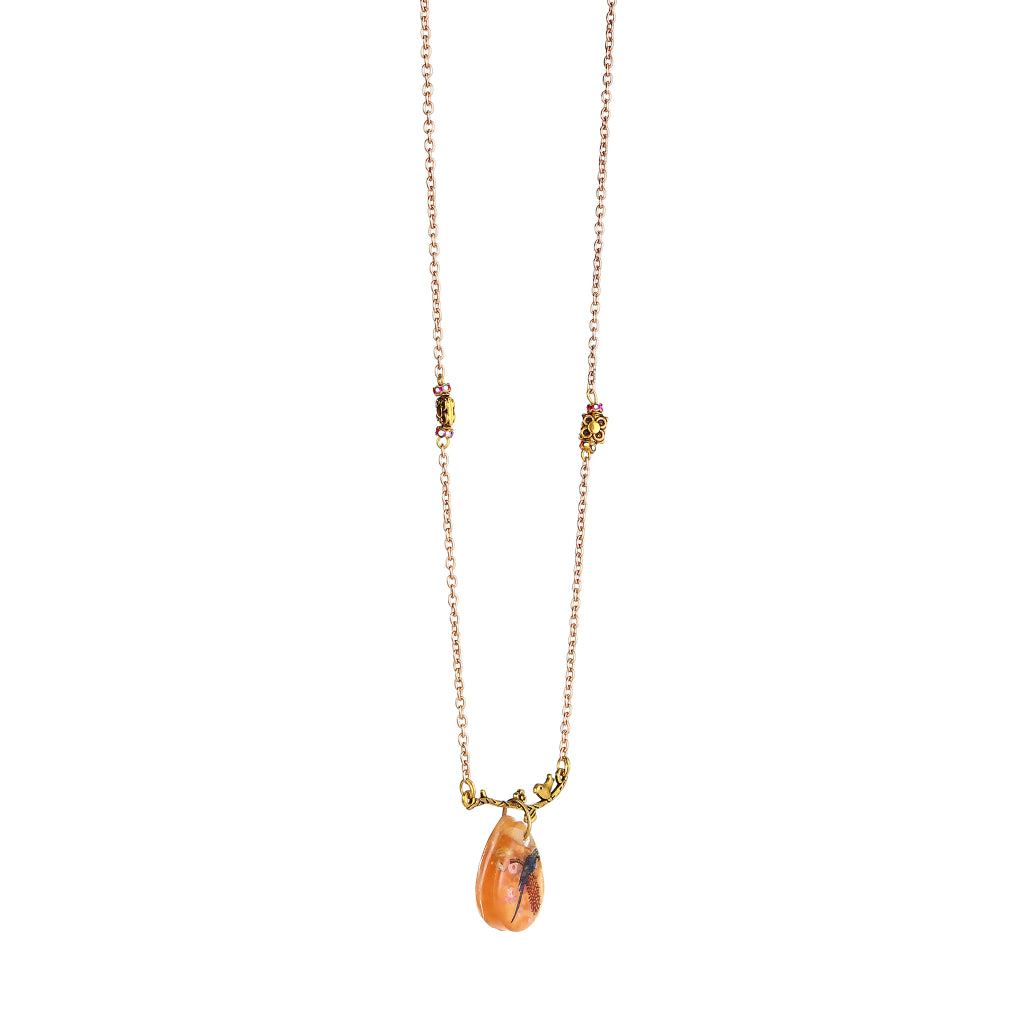 Moonbird Botanical Resin Teardrop & Bird on Branch pendant necklace