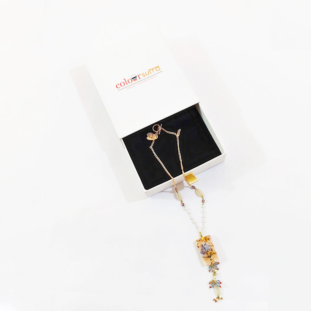 Dew Botanical Resin Rectangle Pendant with Blue Floral Art  necklace