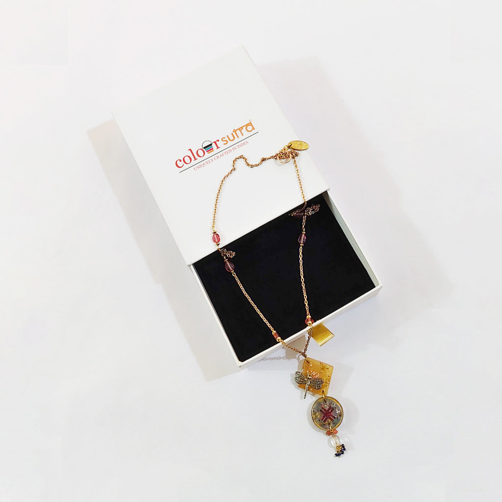 Manasvi Dragonfly Charm & Pink Resin Floral Pendant necklace