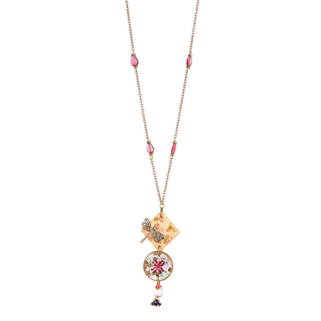 Manasvi Dragonfly Charm & Pink Resin Floral Pendant necklace