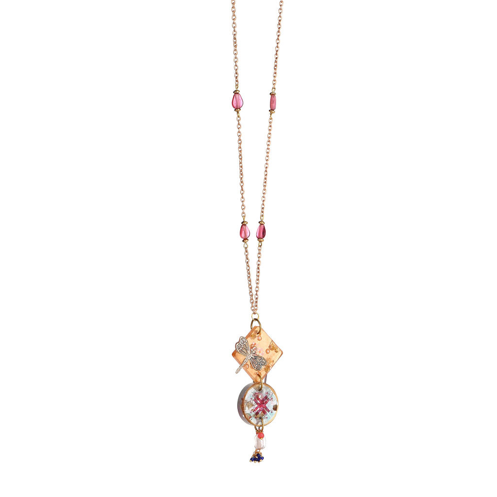 Manasvi Dragonfly Charm & Pink Resin Floral Pendant necklace