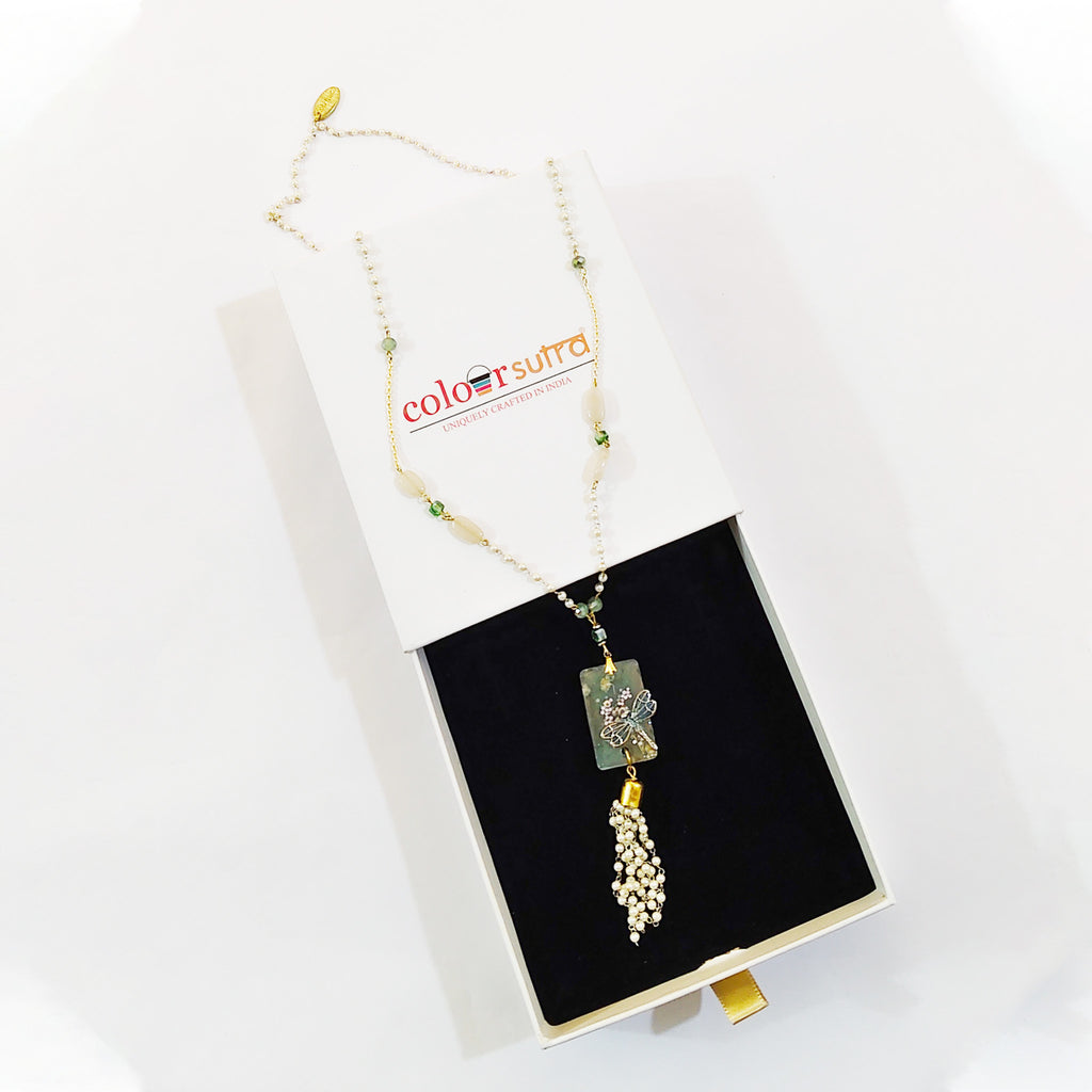 Handmade Pearl Necklace | Mint Green Glass & Moonstone Beaded Jewelry | Artisanal Nature-Inspired Statement Accessory