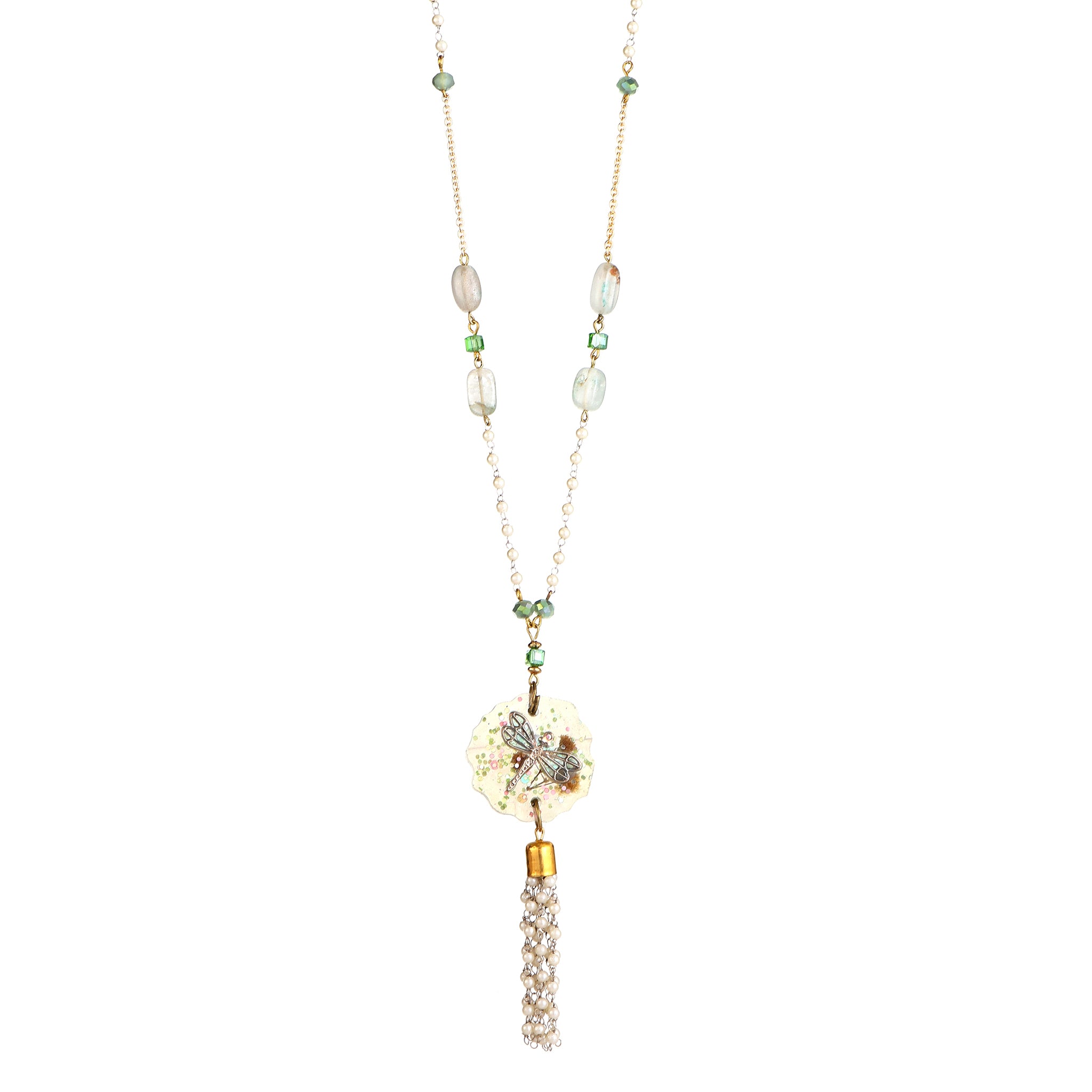 Handmade Pearl Necklace | Mint Green Glass & Moonstone Beaded Jewelry | Artisanal Nature-Inspired Statement Accessory