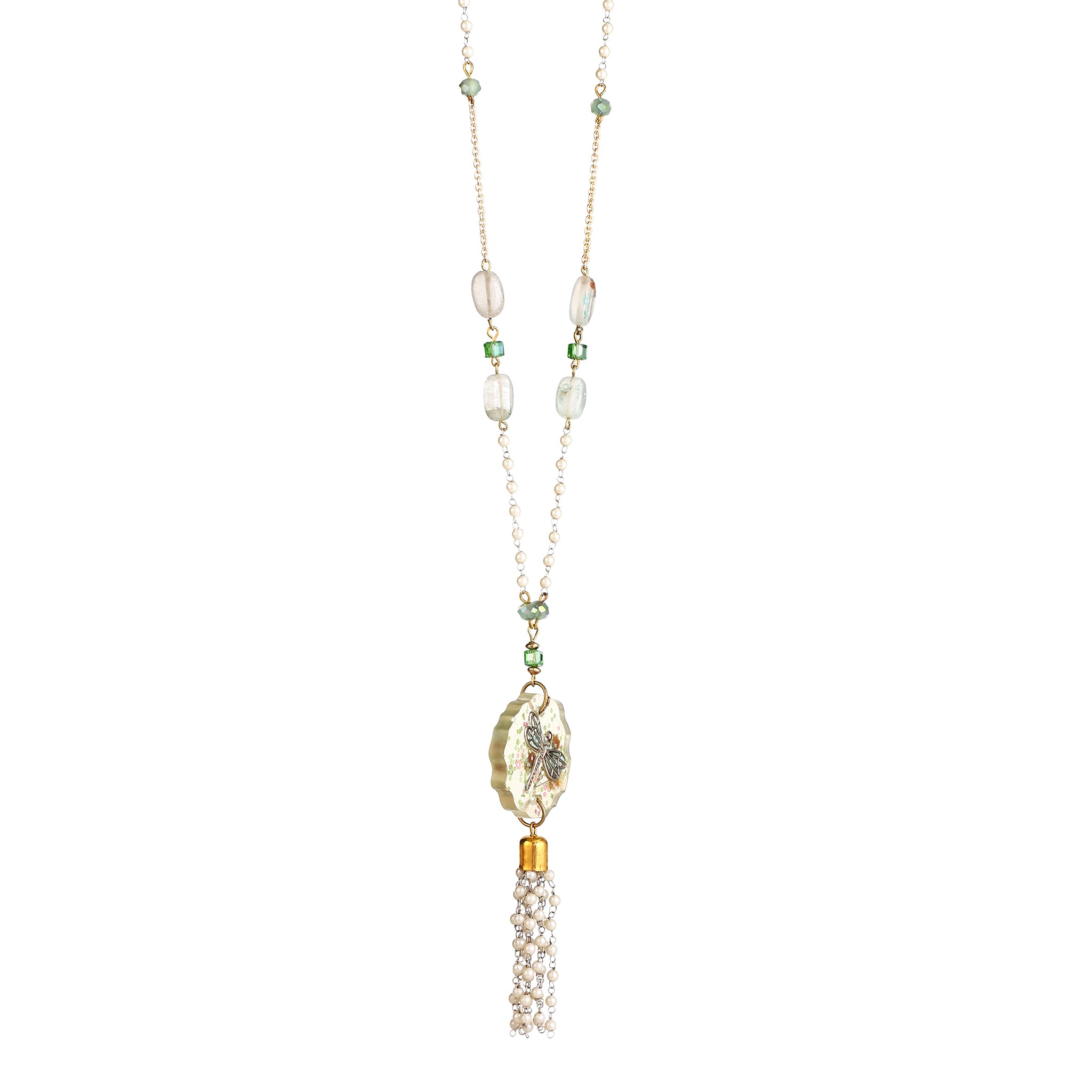 Handmade Pearl Necklace | Mint Green Glass & Moonstone Beaded Jewelry | Artisanal Nature-Inspired Statement Accessory