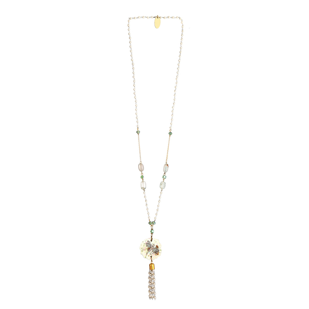 Handmade Pearl Necklace | Mint Green Glass & Moonstone Beaded Jewelry | Artisanal Nature-Inspired Statement Accessory