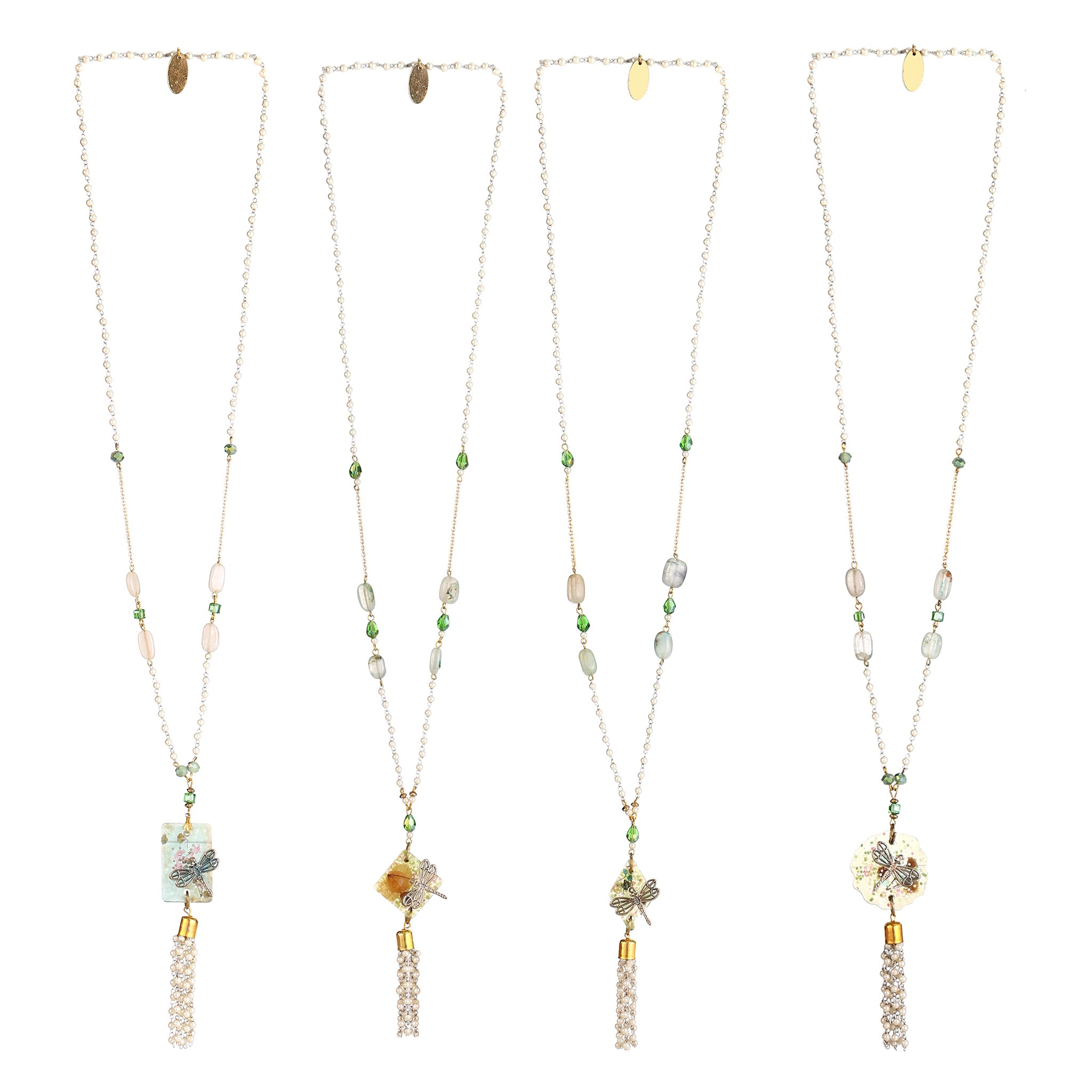 Handmade Pearl Necklace | Mint Green Glass & Moonstone Beaded Jewelry | Artisanal Nature-Inspired Statement Accessory