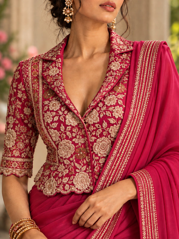 Duchess  - Magenta Pink embroidered Jacket-Style Saree Blouse