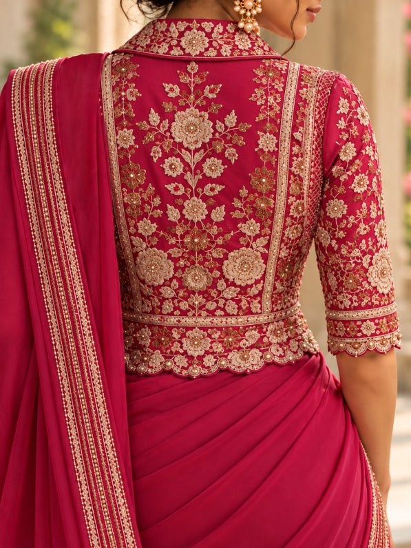 Duchess  - Magenta Pink embroidered Jacket-Style Saree Blouse