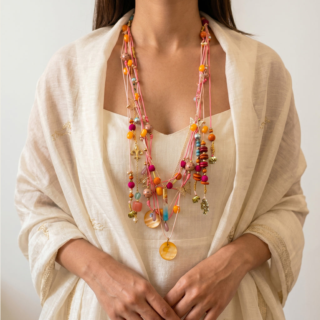 Alcho  handmade multi-Strand Pink Cord & Gold Chain necklace
