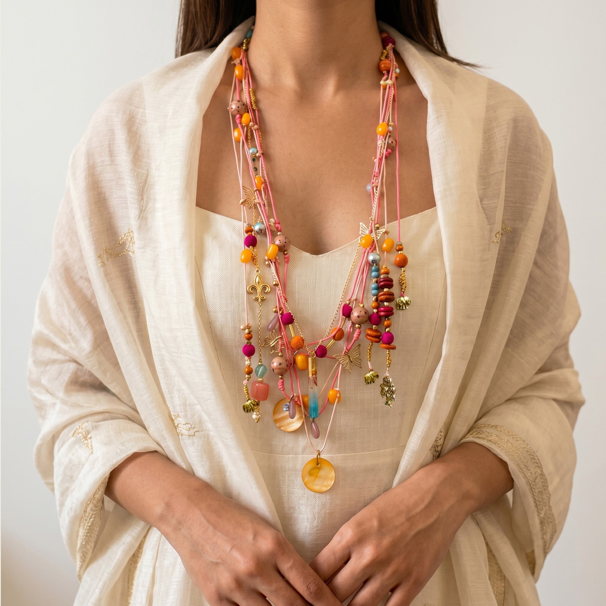 Alcho  handmade multi-Strand Pink Cord & Gold Chain necklace