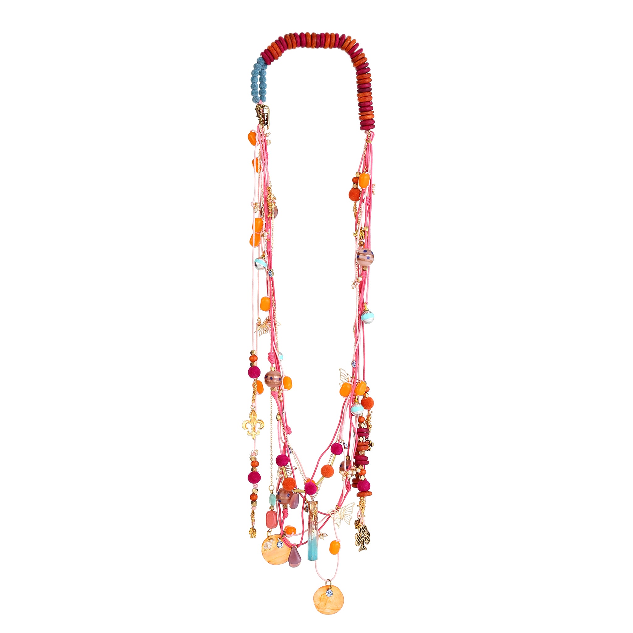 Alcho  handmade multi-Strand Pink Cord & Gold Chain necklace