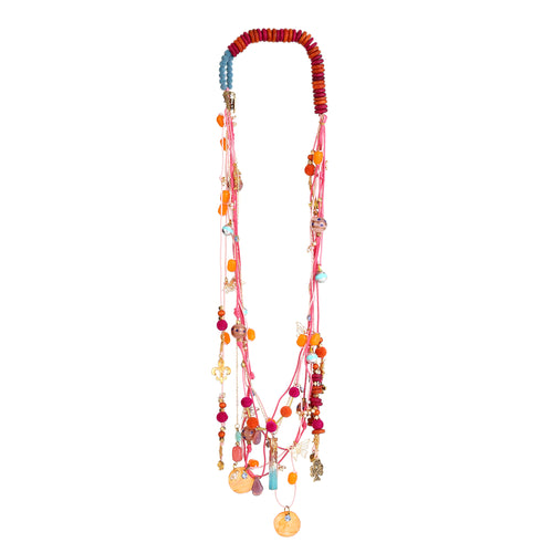 Alcho  handmade multi-Strand Pink Cord & Gold Chain necklace