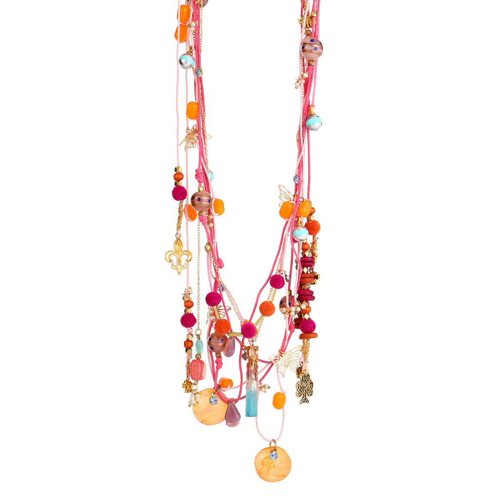 Alcho  handmade multi-Strand Pink Cord & Gold Chain necklace