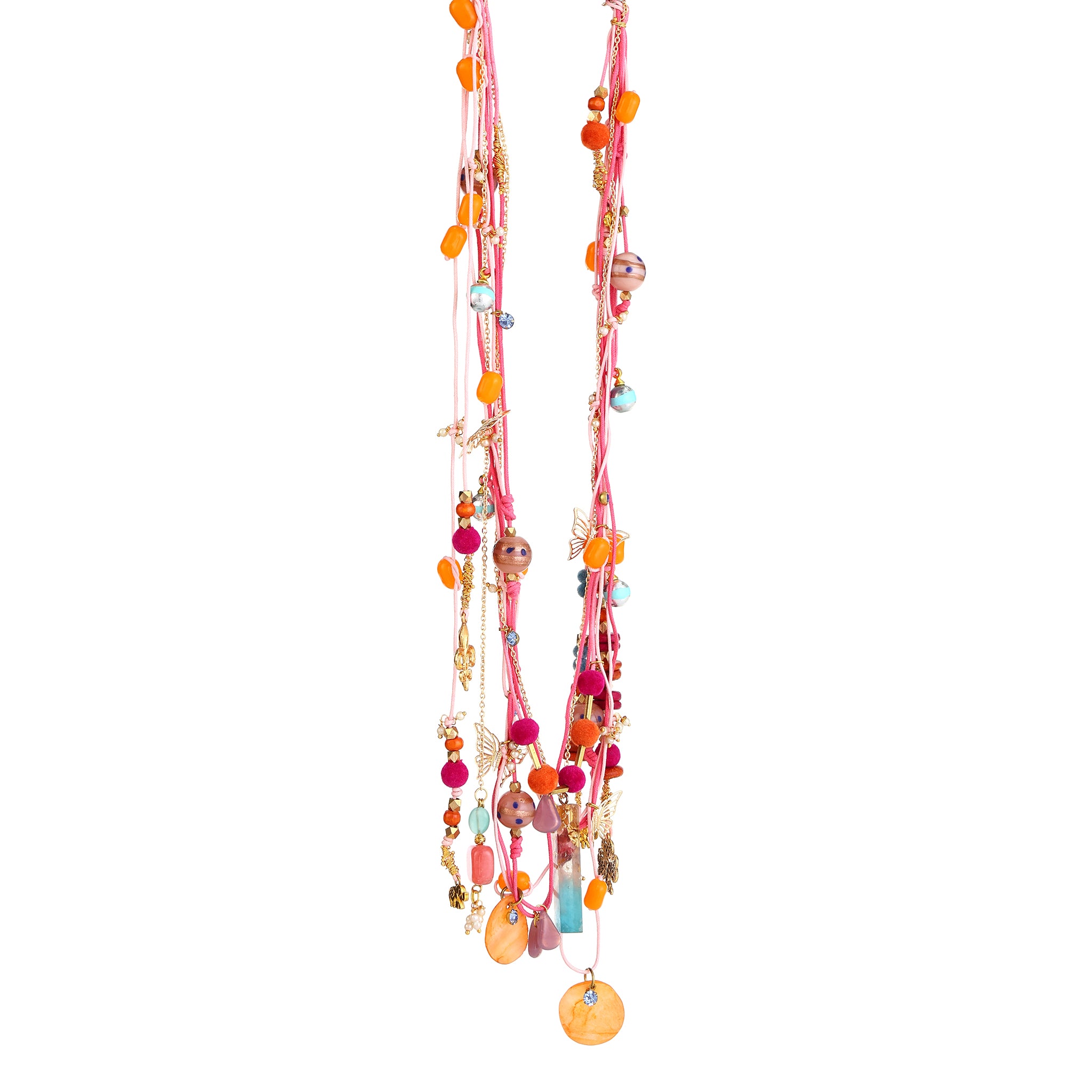 Alcho  handmade multi-Strand Pink Cord & Gold Chain necklace