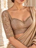 Parijat - Gold tissue Silk Saree Blouse with Pearl ,sequins, Floral Elbow Sleeves