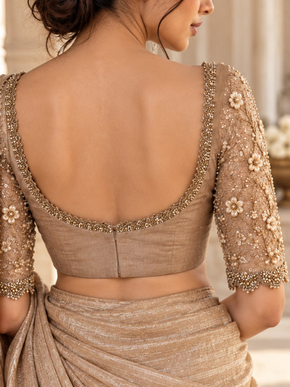 Parijat - Gold tissue Silk Saree Blouse with Pearl ,sequins, Floral Elbow Sleeves