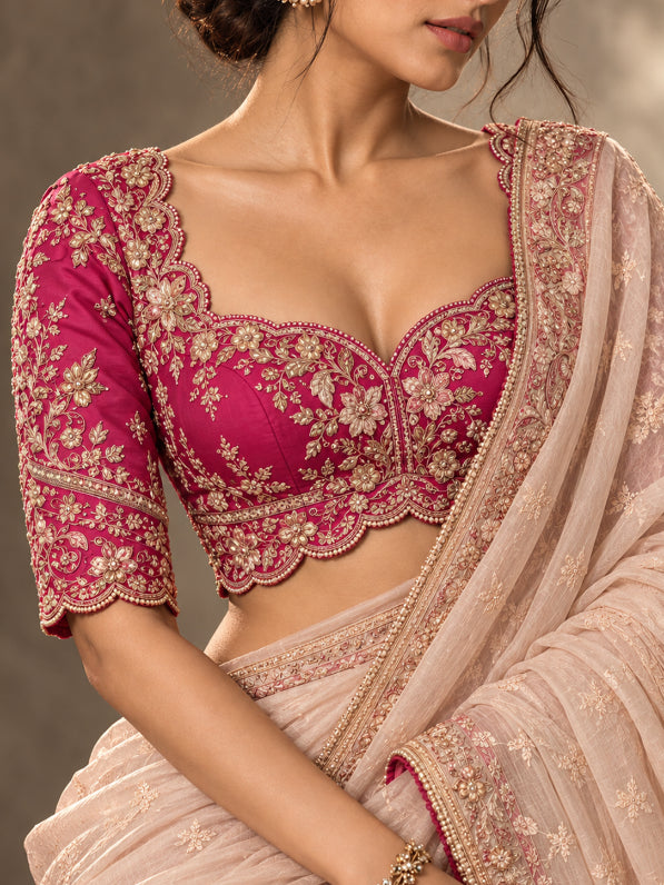 Sargam  - Magenta Silk Hand-Embroidered Saree Blouse with Zardozi & Pearl Work