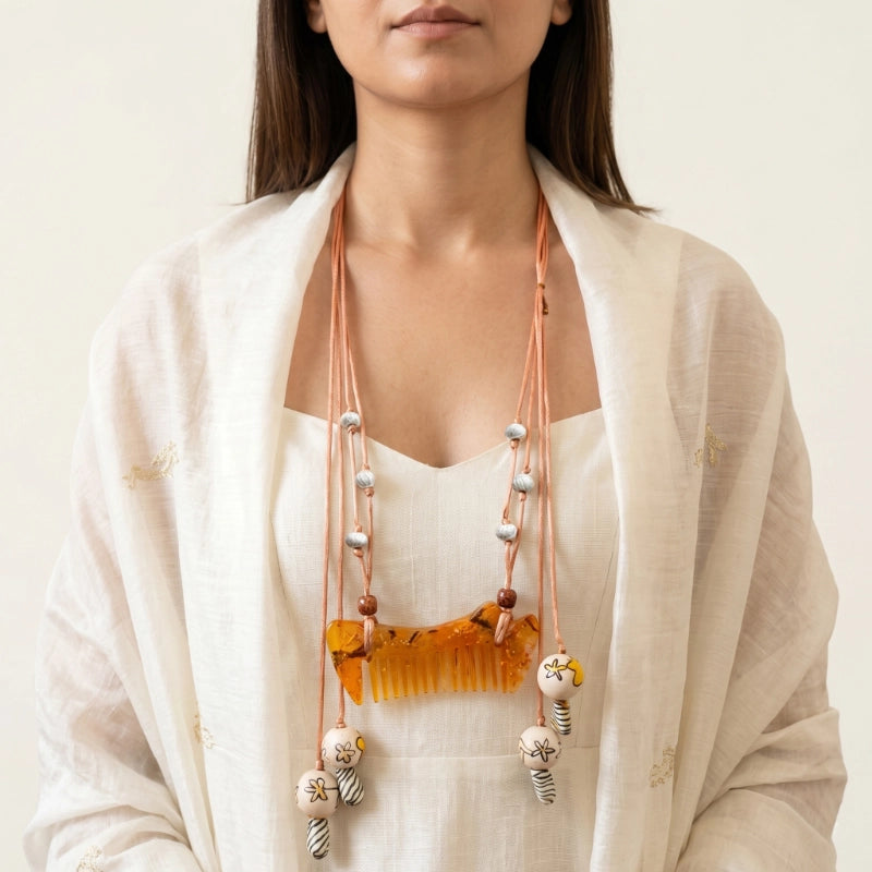 Fern Sculptural Amber Resin Comb statement Necklace