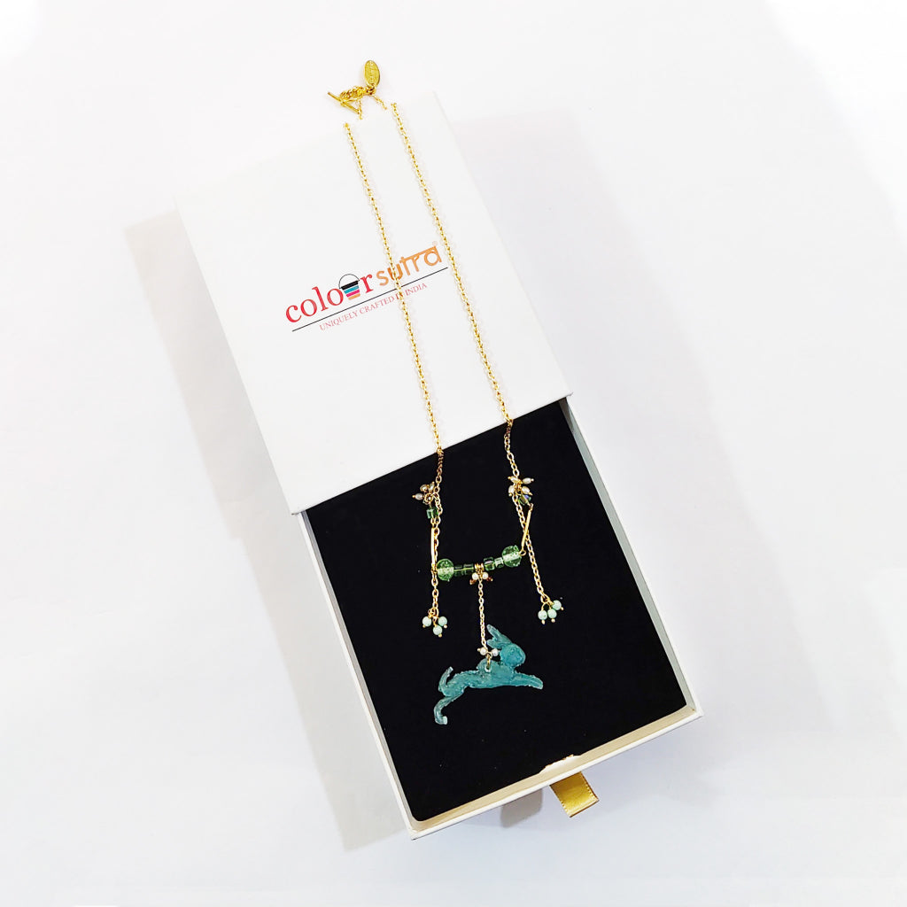 Relic Sculptural Jumping Rabbit Resin Pendant necklace