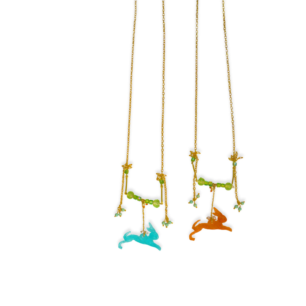 Relic Sculptural Jumping Rabbit Resin Pendant necklace