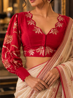 Swarnika – Maroon Silk chanderi Scallop Neck Blouse with Floral Embroidery & Bishop Sleeves